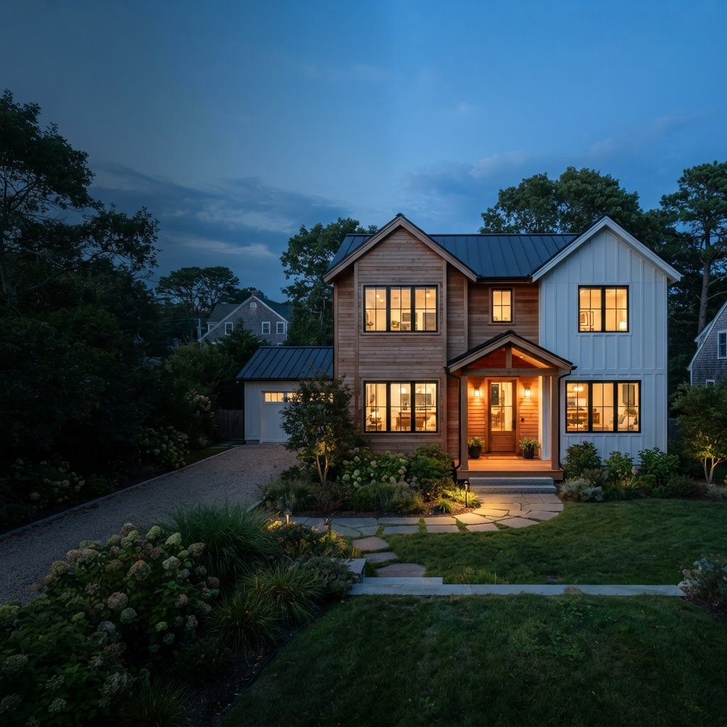 Sunlit home exterior surrounded by trees